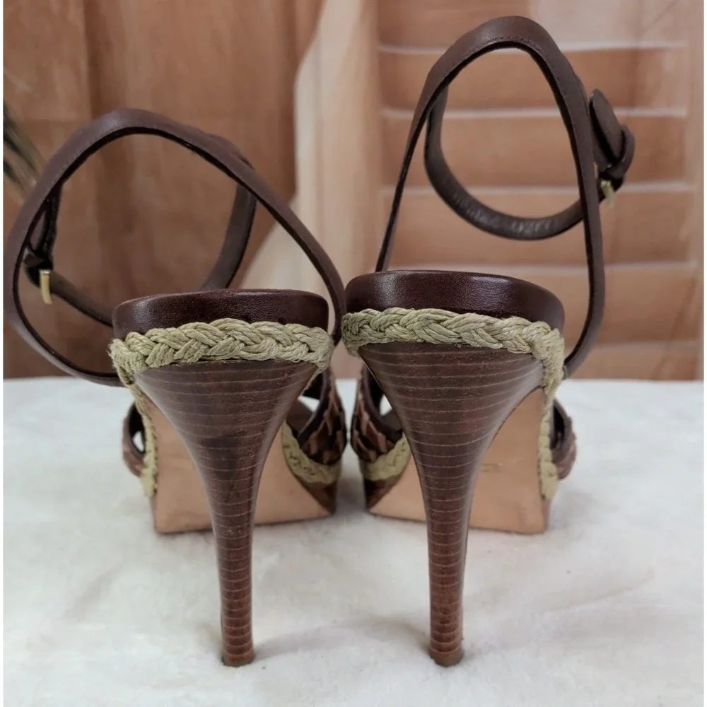 Cole Haan Vanessa Brown Woven Leather Platform Stiletto Heeled Sandals